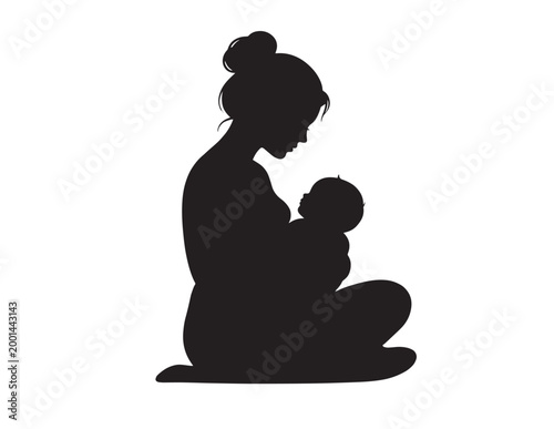 Mother and baby silhouette, a tender black vector illustration of maternal love, breastfeeding, and newborn care, perfect for health and family designs.