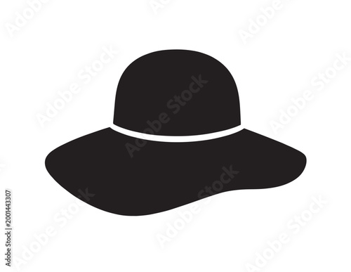 Elegant wide-brimmed black sun hat vector icon, stylish summer accessory, classic fashion headwear illustration, perfect for vacation and travel designs
