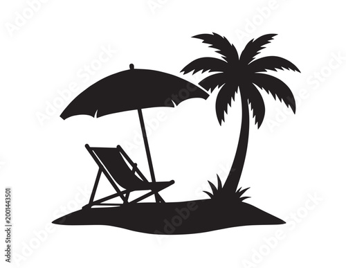 Tropical island vacation silhouette, black palm tree and beach chair with umbrella, serene summer holiday escape vector graphic, travel and relaxation concept.