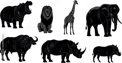 Black silhouette wild African animals collection featuring hippo lion giraffe elephant buffalo rhino and warthog on white background vector illustration