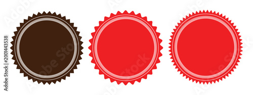 Collection of three circular starburst award seals or badges isolated on a white background