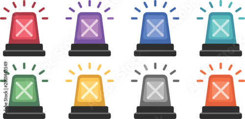Emergency siren lights set, flashing alarm beacon collection with police warning signals and safety icons