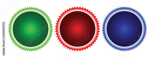Three distinct starburst circular badges in green red and blue isolated on a white background