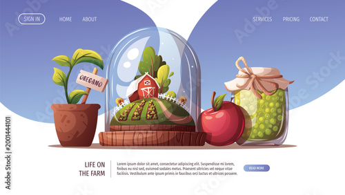 Billede på lærred Web page template with preserved peas, glass dome with barn, apple, pot with oregano