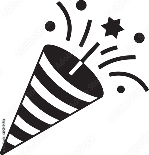 Black and white party popper icon with confetti stars and streamers for celebration