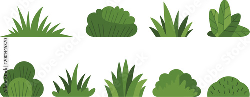 Green bushes and grass set, garden foliage collection with plants shrubs and natural landscape elements
