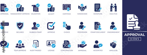 Professional approval solid icon set with certified checkmarks, agreement seals, document, signature, certified, decision, validation stamps, and compliant business decision symbols.