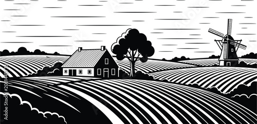 Black and white stylized countryside farmland illustration with cultivated rows, farmhouse, windmill, tree and rural horizon landscape