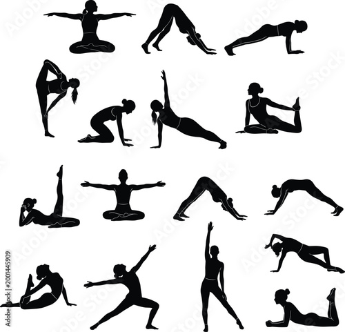 Black and white yoga silhouette illustration showing diverse poses, stretches, balances and postures representing flexibility, strength and mindfulness practice