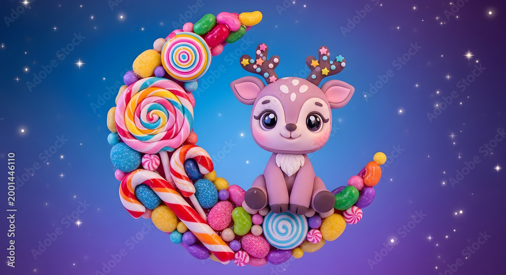 Fototapeta premium Cute cartoon baby deer sitting on a moon made of colorful candies.