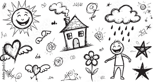 Doodle collection with happy sun winged heart house and person singing under rain sketches.