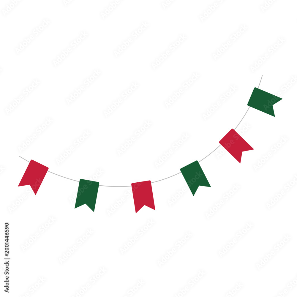 Fototapeta premium Festive red and green bunting flags on a string isolated on transparent background