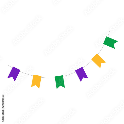 Party flags banner in purple yellow and green on a transparent background
