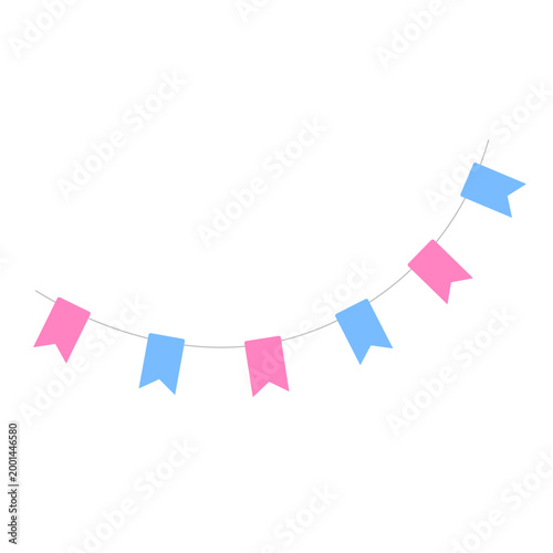 A string of pink and blue baby shower pennant flags isolated on a transparent background for parties