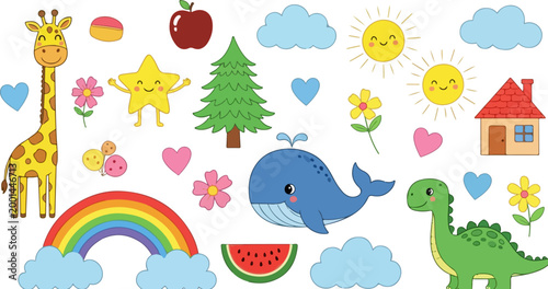 Cute cartoon sticker set with animals and nature elements, kawaii doodle collection for kids, colorful nursery vector illustrations with whale and giraffe