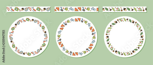 Colorful camping adventure border with doodle style frame seamless pattern set. Seamless outdoor camp set, hand drawn hiking, campfire, equipment, backpack and tent round border for camp and