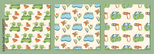 Seamless color sketch set of hiking and adventure pattern. Travel with camp, lake, forest, nature and binoculars in playful doodle style. Perfect for outdoor background or trip themed collection.