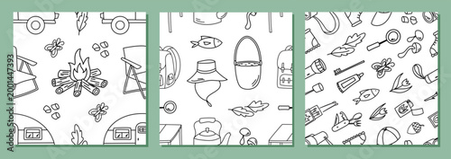 Seamless camp doodle pattern with tent, campfire, forest and sketch style. Outdoor travel pack with equipment and backpack collection, offering a colorful playful feel for adventure themes