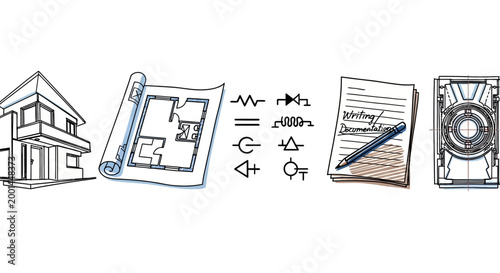 Architectural blueprints and designs for a modern house with engineering tools