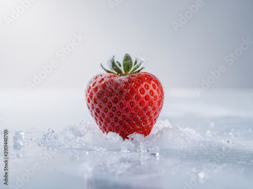 A single fresh red strawberry sitting in a pile of crushed ice and water droplets on a light gray surface with a soft diffused lighting effect