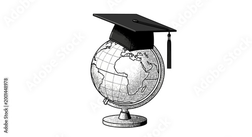 Graduation cap sits atop a global earth illustration with grid lines