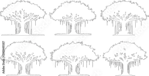 Banyan tree line art collection, set of 6 tropical fig tree vector illustrations, minimalist botanical sketches with aerial roots and lush canopy