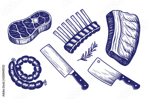 Butcher shop meat cuts and tools collection hand drawn engraving style.