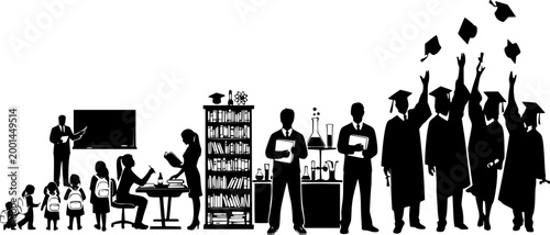 Silhouettes of people reading and working in a library with bookshelves and desks depicted in black | editable eps vectors