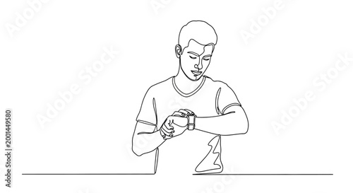 Man looking at watch with concern in a simple line drawing style