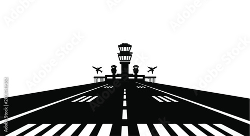 airport runway with control tower and planes