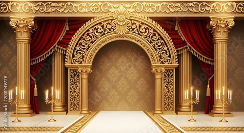 Ornate golden archway with red curtains a regal and luxurious entrance