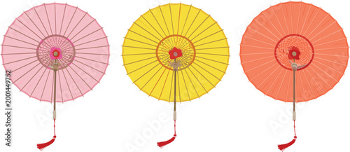 Set of 3 Vector Illustrations of Colorful Paper Umbrellas in Pink, Yellow, and Orange for Websites, Apps, and Digital Media Designs