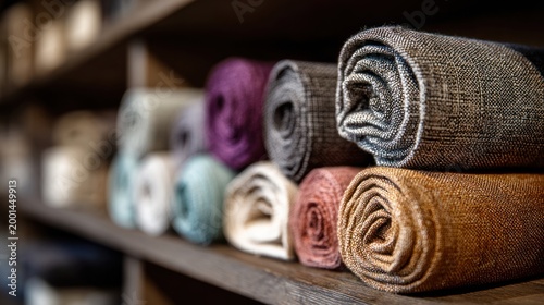 Colorful rolled fabric bolts in a textile shop display showcasing various textures and materials