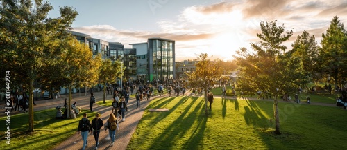 Vibrant and bustling university campus scene during sunset with students walking and modern buildings in the background