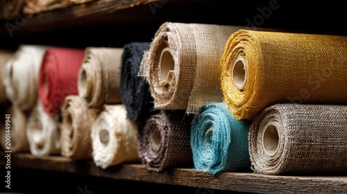 Colorful fabric rolls arranged on shelves displaying various textures and shades