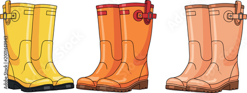 Set of 3 Vector Illustrations of Colorful Rubber Rain Boots in Yellow, Orange, and Pink for Websites, Apps, and E-commerce Designs