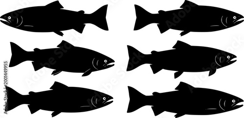 Six black salmon silhouettes swimming fish white background