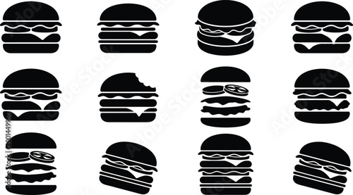 Canvas Print Assortment of Hamburger Icons with Different Toppings and Biting Marks Keywords: