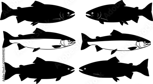 Six black salmon silhouettes swimming fish white background