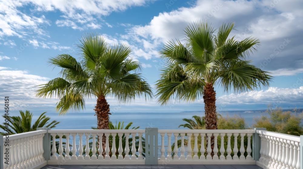 Naklejka premium Palm trees on a terrace facing the Mediterranean Sea