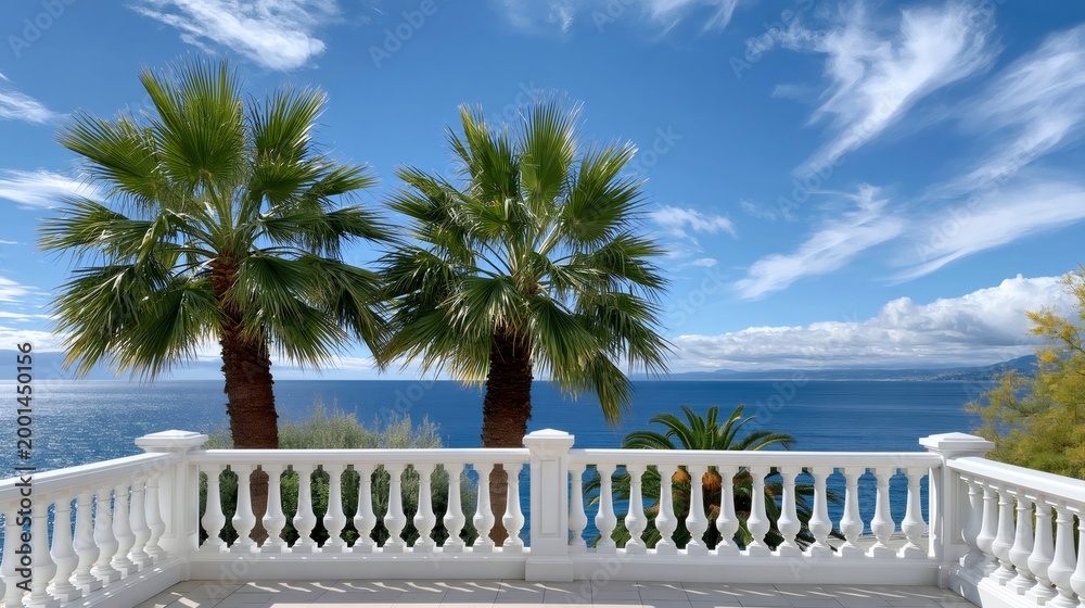 Naklejka premium Mediterranean terrace with palm trees and ocean view