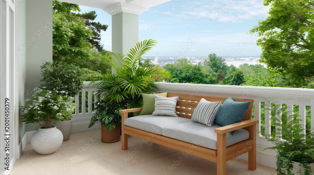 Fototapeta premium Sunny balcony terrace enjoying a relaxing city view
