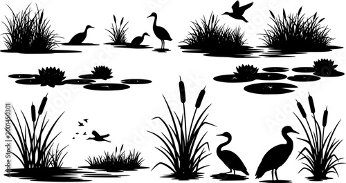 Silhouette of wetland scenery with birds, cattails, water lilies, and reeds in black and white style editable vector eps,ai