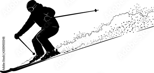 Dynamic skiing silhouette, skier in motion, winter sports action, alpine skiing, extreme sport, ski poles, downhill skiing, snow adventure.