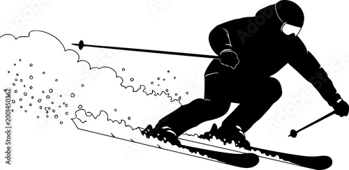 Dynamic skiing silhouette, skier in motion, winter sports action, alpine skiing, extreme sport, ski poles, downhill skiing, snow adventure.