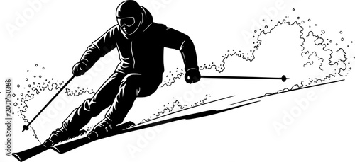 Dynamic skiing silhouette, skier in motion, winter sports action, alpine skiing, extreme sport, ski poles, downhill skiing, snow adventure.