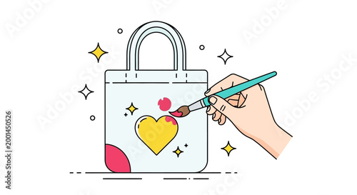 A hand holding a paintbrush decorates a bag with a heart