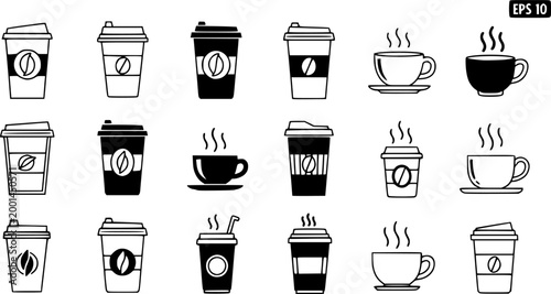 Coffee cup icon set. Cups of coffee tea collection. Hot drink icon. Disposable cup. Cup coffe with steam. Flat style. Vector Illustration. Vector Graphic. EPS 10