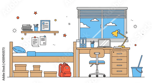 A cluttered dorm room with a bed, desk, and chair under a sunny window with a view of clouds, featuring boxes and a red backpack on the floor.