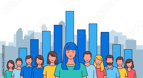 A diverse group of people stand in front of a city skyline illustration.
